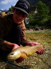 Eben, Otto and Andrew fly fishing Slovenia July, marble trout Soca